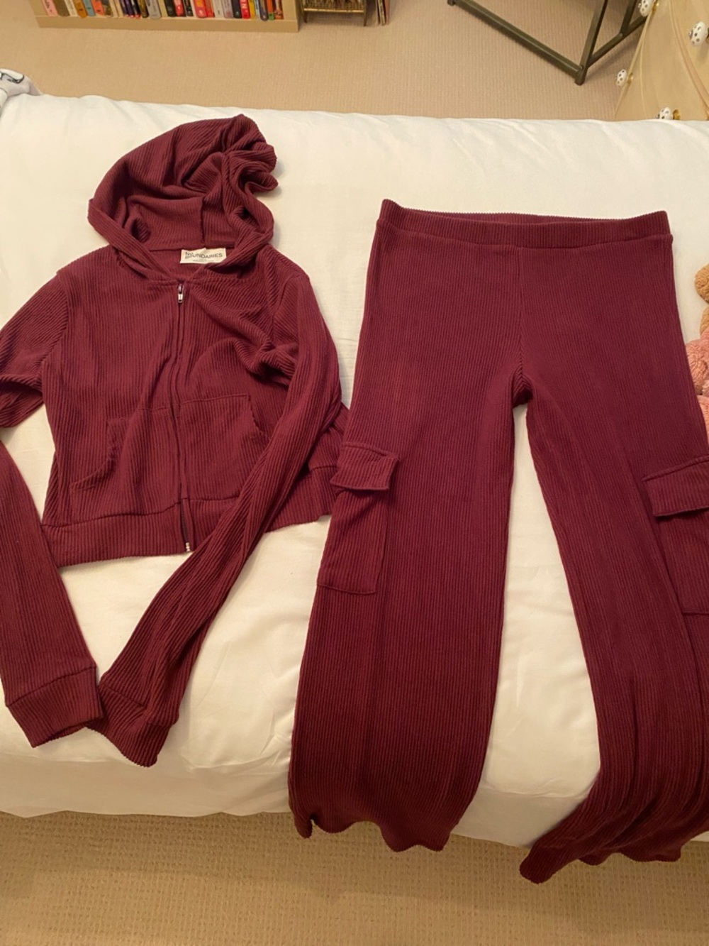 No Boundaries Ribbed Zip Hoodie & Cargo Joggers - Burgundy